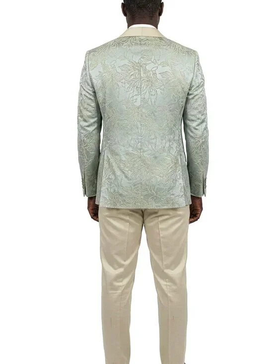 Sage Jacquard Wide Shawl Lapel 3 Piece Skinny Fit Fashion Men's Suit - Picture 2 of 3